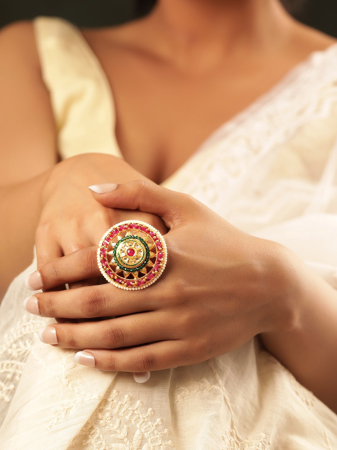 

Rubans Gold-Plated Kundan-Studded & Pearls Beaded Finger Ring