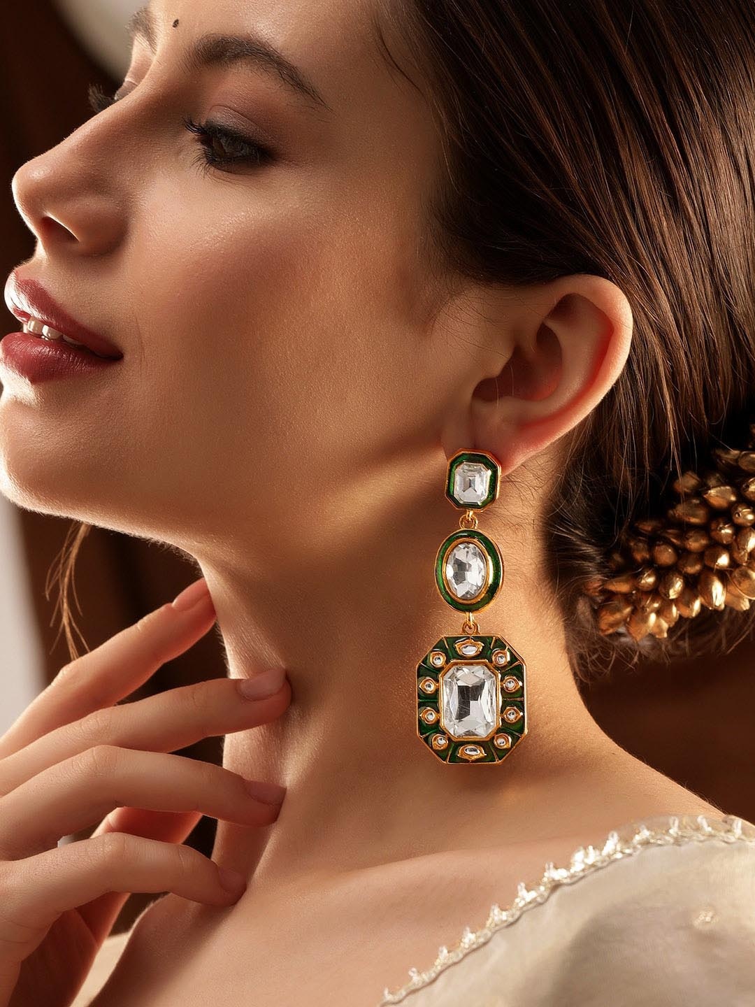 

Rubans 22KT Gold-Plated Geometric Kundan Studded Drop Earrings