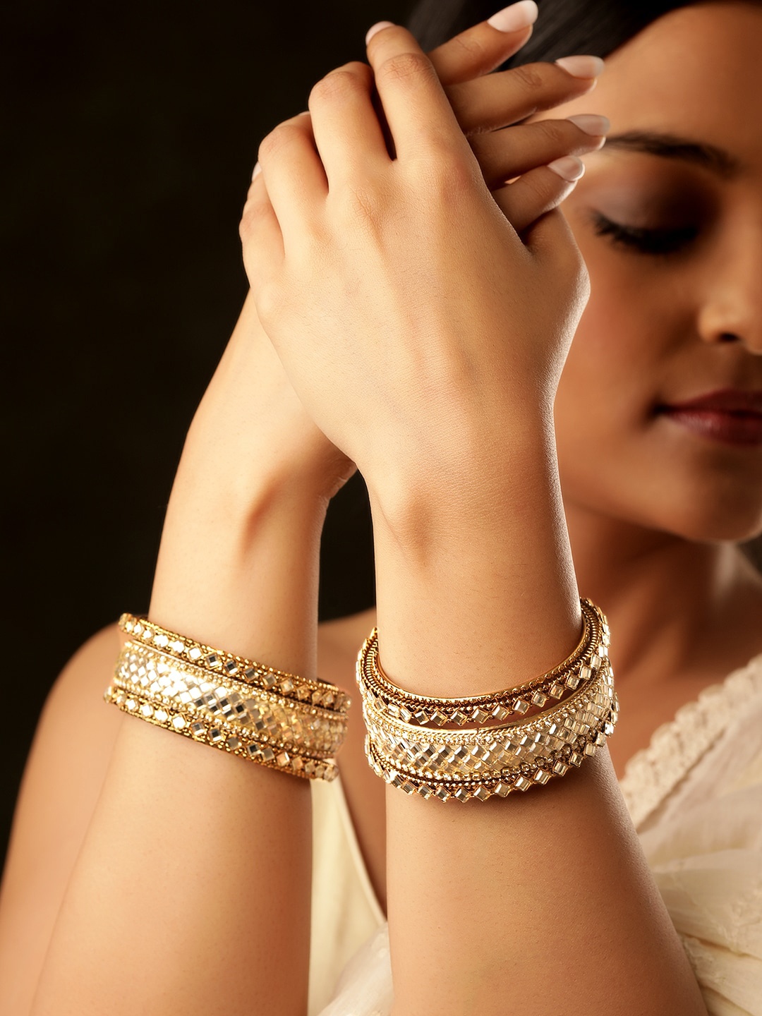 

Rubans Set Of 6 Gold-Plated Mirror Studded Glorious Statement Antique Bangles