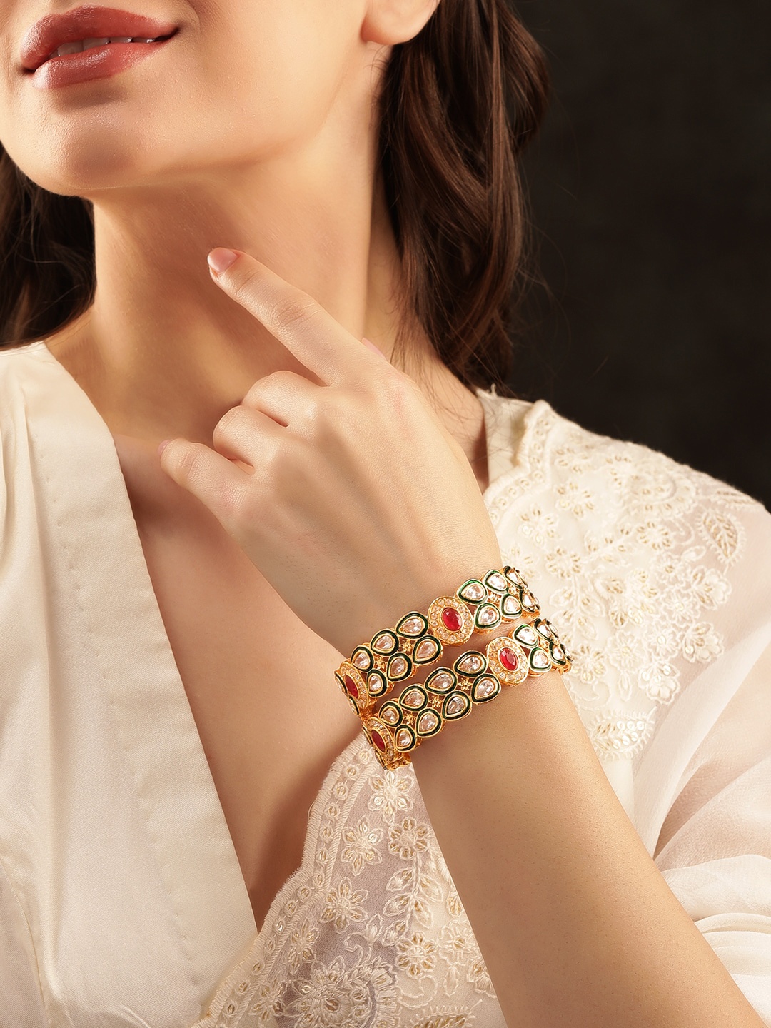 

Rubans Set Of 2 Gold Plated Stone-Studded Bangles