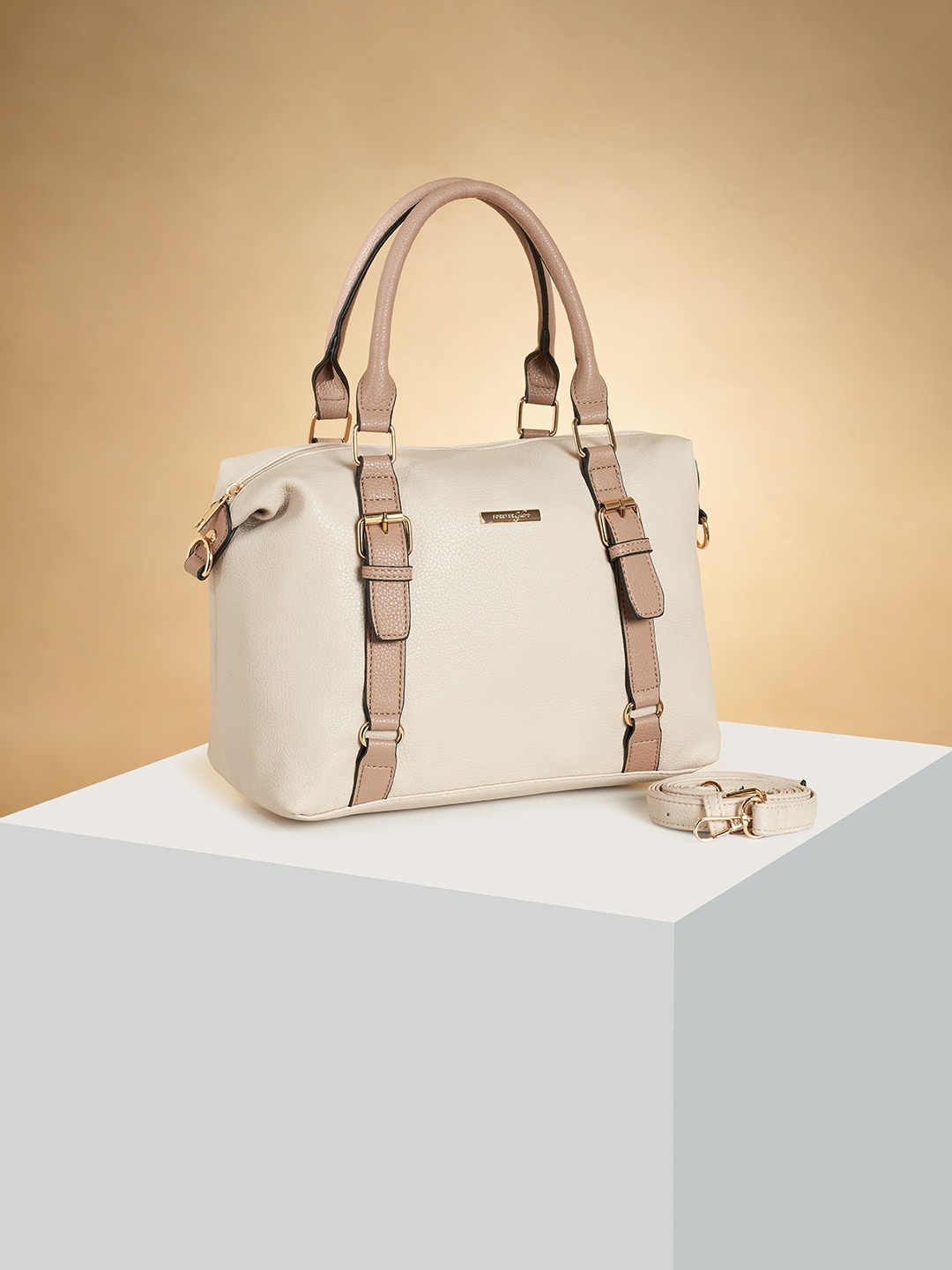 

Forever Glam by Pantaloons Taupe Colourblocked PU Structured Handheld Bag