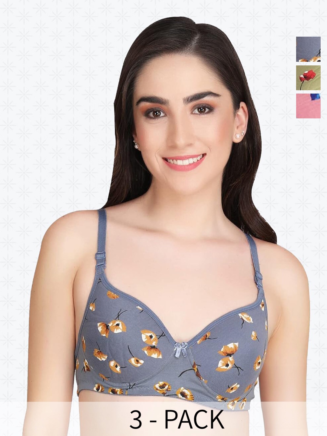 

Designer Bugs Pack Of 3 Floral Printed Lightly Padded Bras With All Day Comfort, Grey