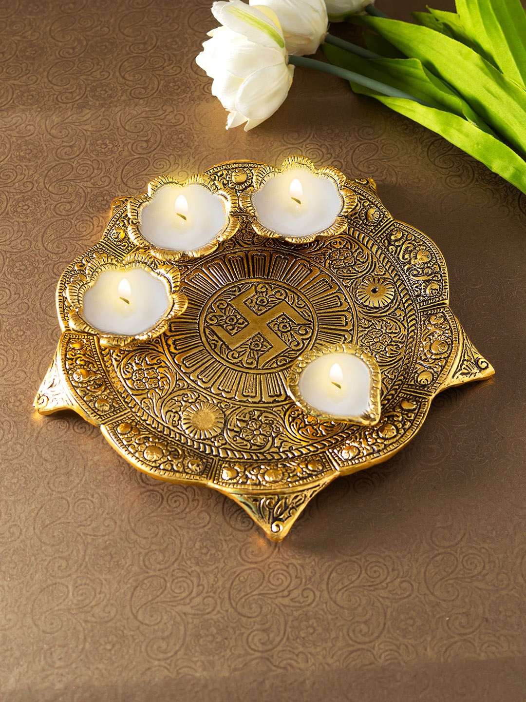 

Golden Peacock Gold Toned Metallic Pooja Thali