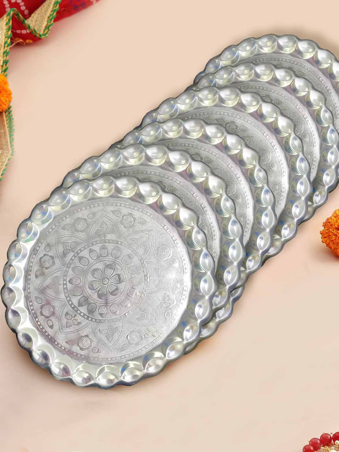 

TIED RIBBONS Silver Toned 6 Pieces Pooja Thali Gifting Plate