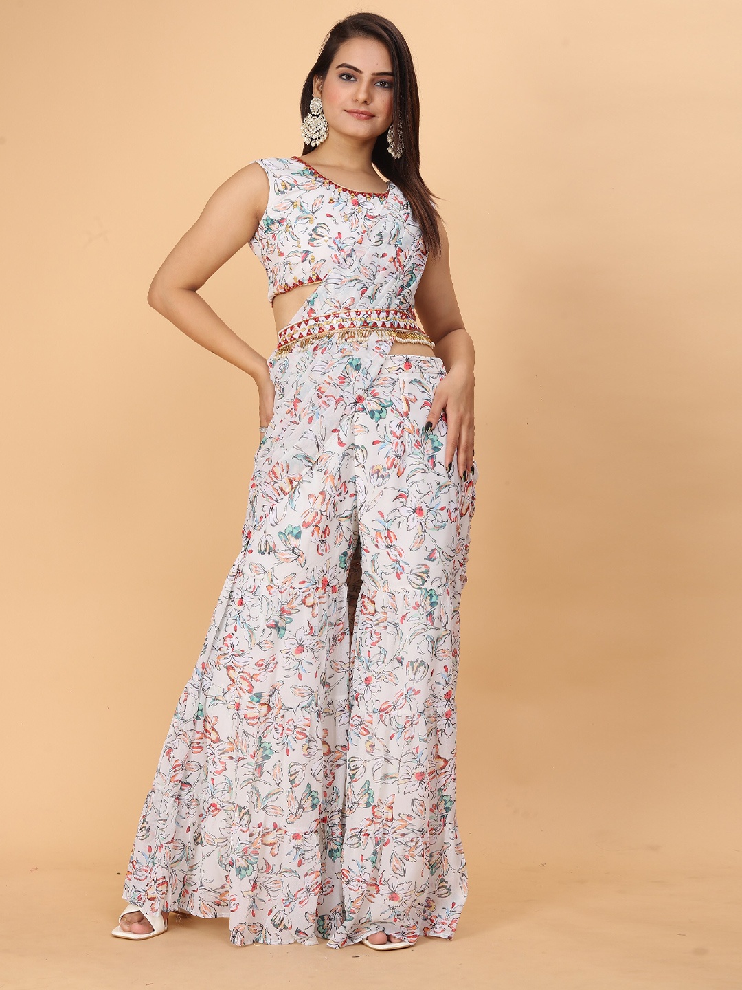 

Riddhi Textile Hub Floral Printed Zardozi Pure Georgette Palazzo Saree, White