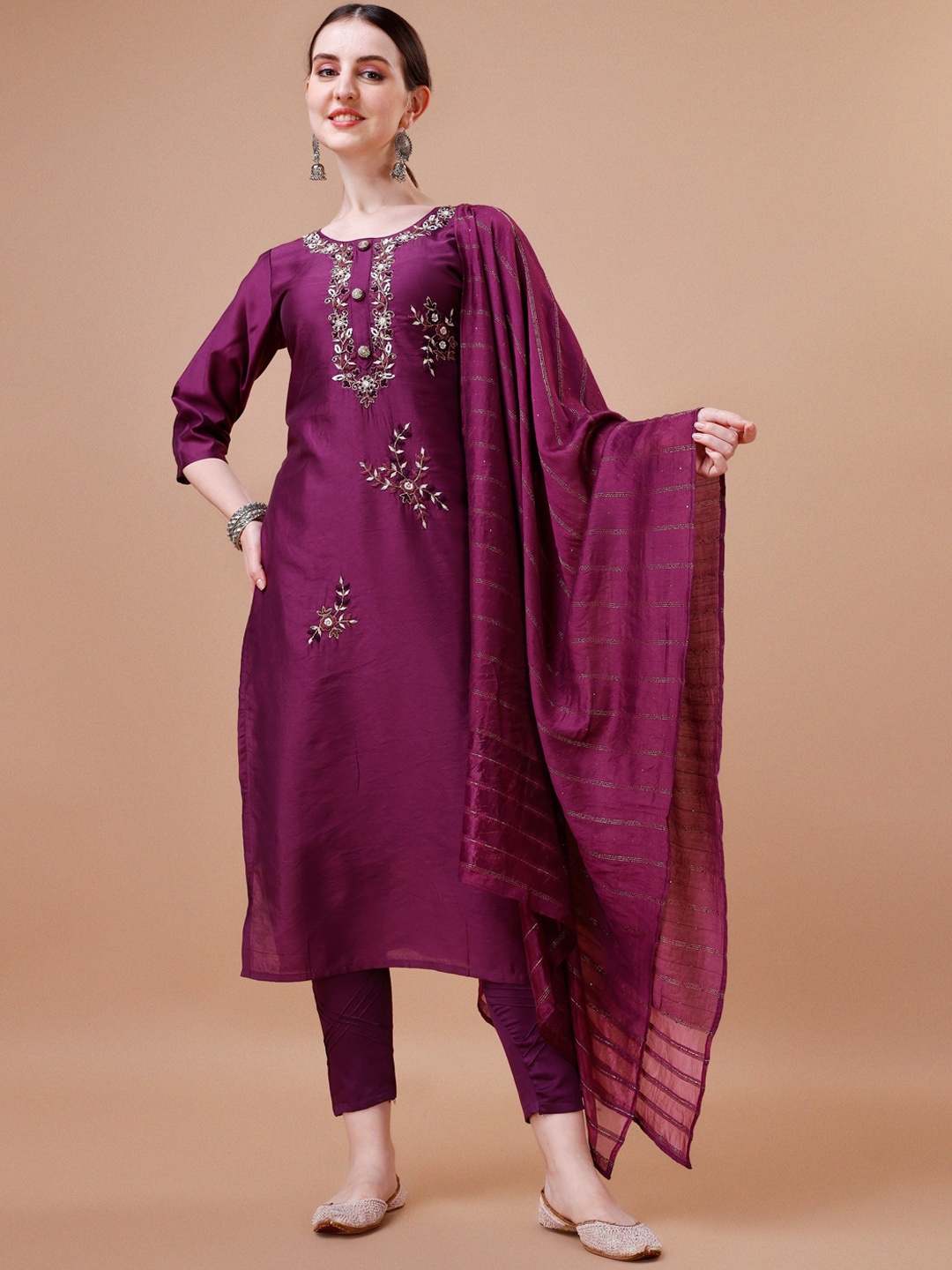 Berrylicious Floral Embroidered Chanderi Cotton Kurta with Trousers & Dupatta, Purple