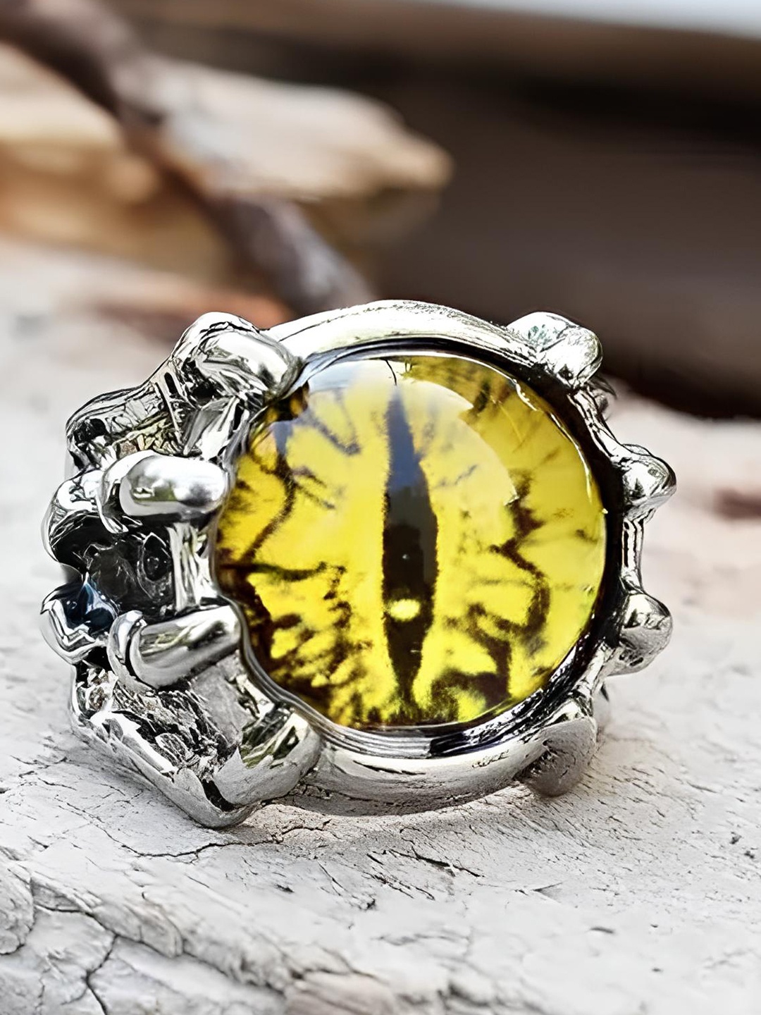 

KARISHMA KREATIONS Stainless Steel Stone-Studded Dragon Evil Eye Finger Ring, Silver