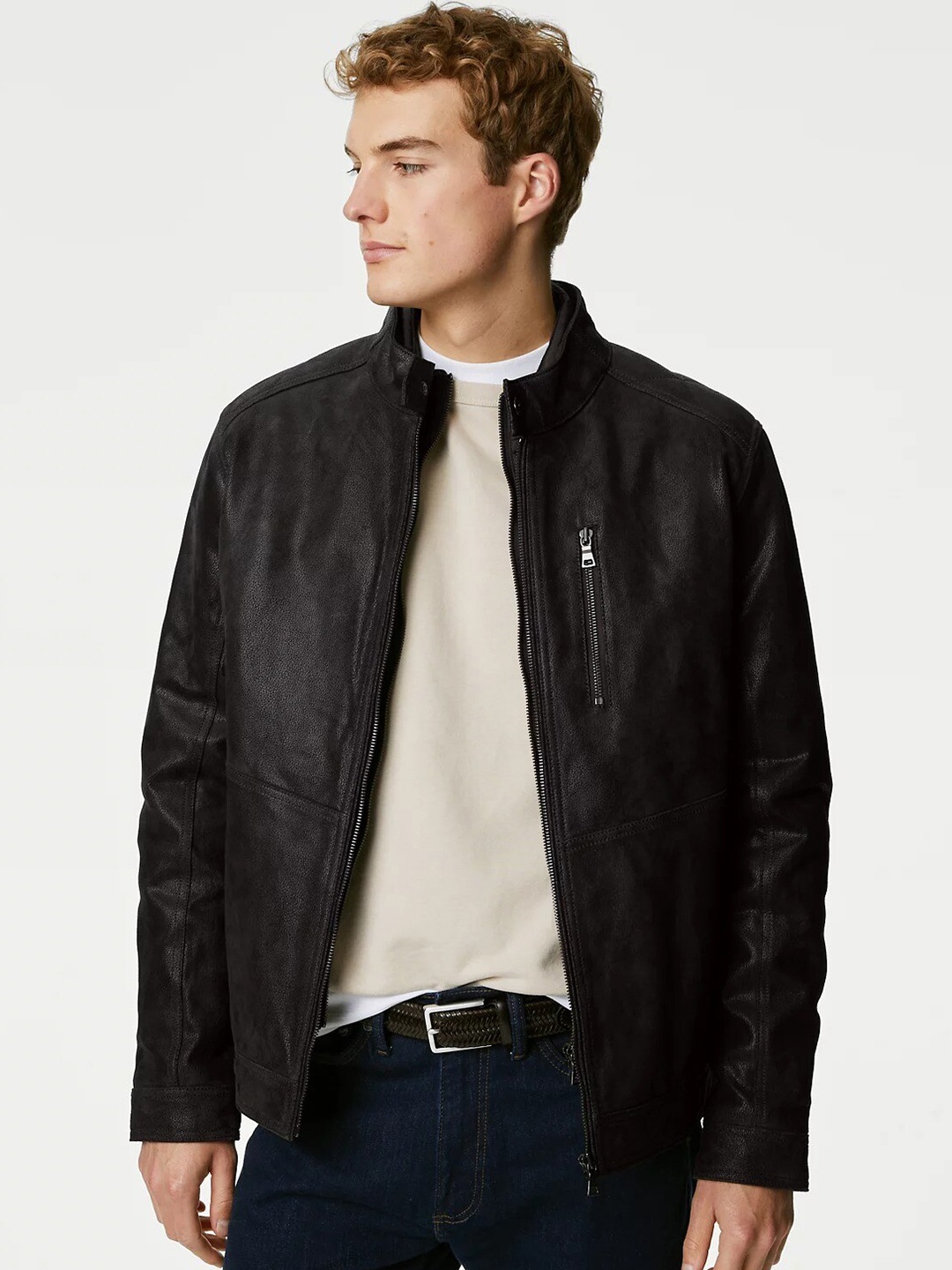 

Marks & Spencer Leather Longline Biker Jacket, Brown