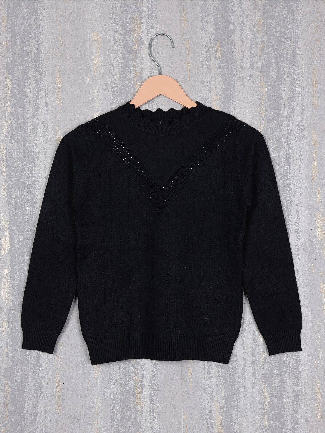 

Albion Girls Woollen Pullover Sweater With Embellished, Black