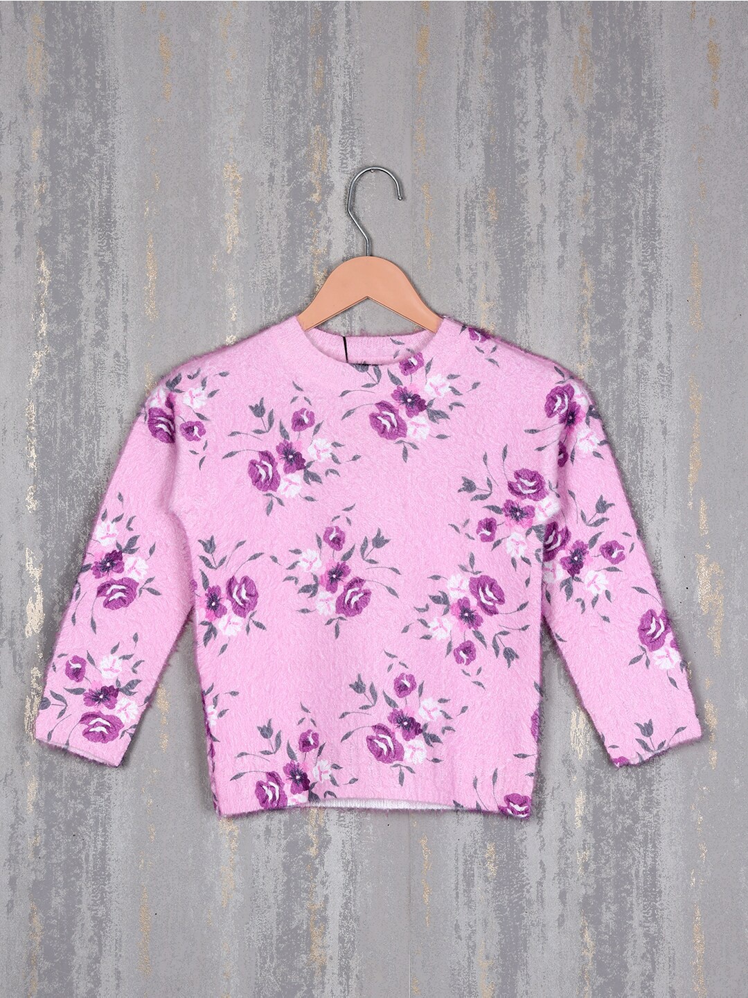 

Steele Girls Floral Printed Round Neck Woollen Pullover Sweater, Pink