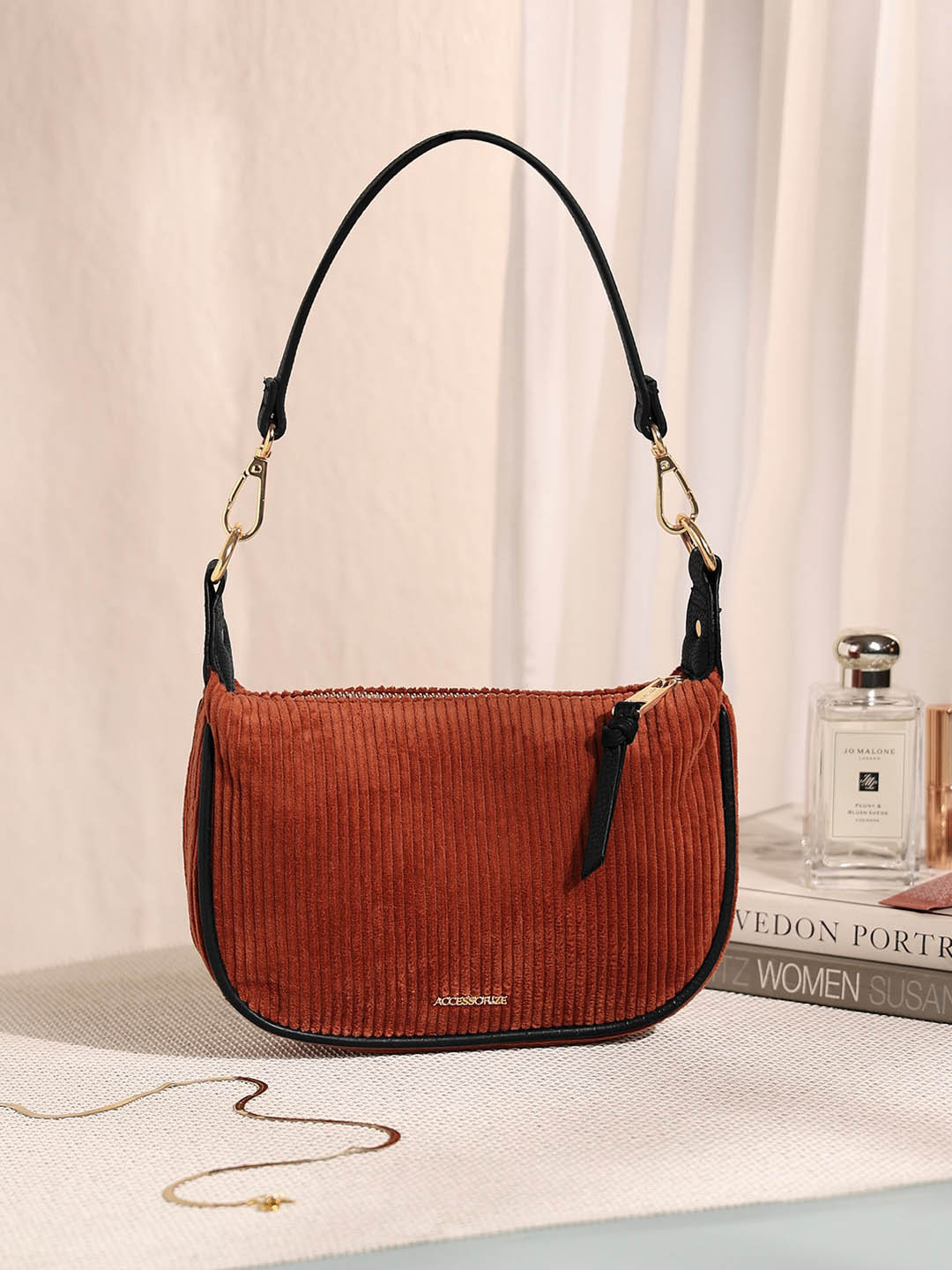 

Accessorize Striped Structured Tasselled Handheld Bag, Red