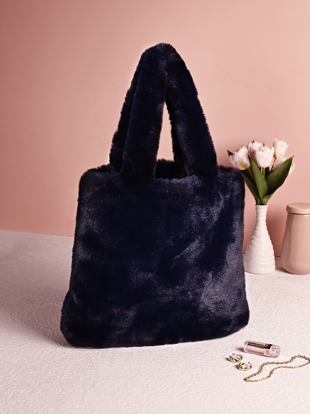 

Accessorize Textured Structured Faux Fur Shoulder Bag, Navy blue