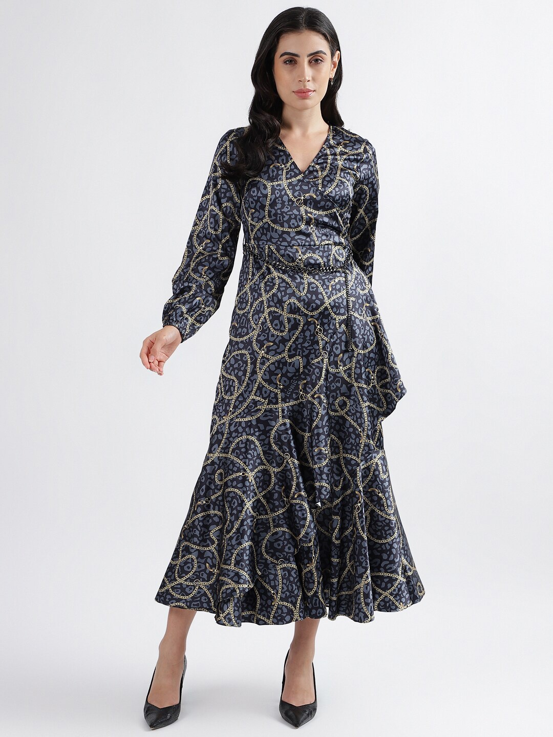

Iconic Abstract Printed Puffed Sleeves Ruffles Wrap Midi Dress, Blue