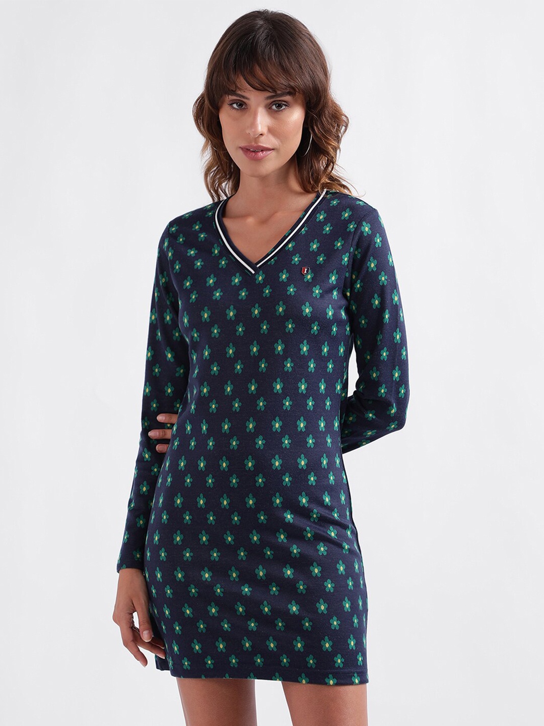 

Iconic Floral Printed V-Neck Sheath Mini Dress, Navy blue