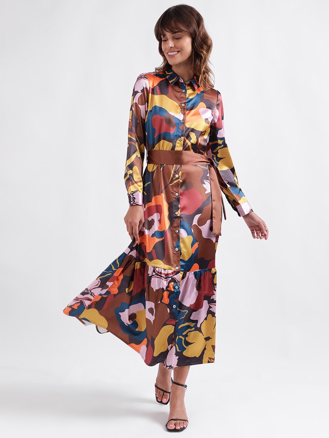 

Iconic Abstract Printed Cuffed Sleeves Shirt Style Midi Dress, Brown