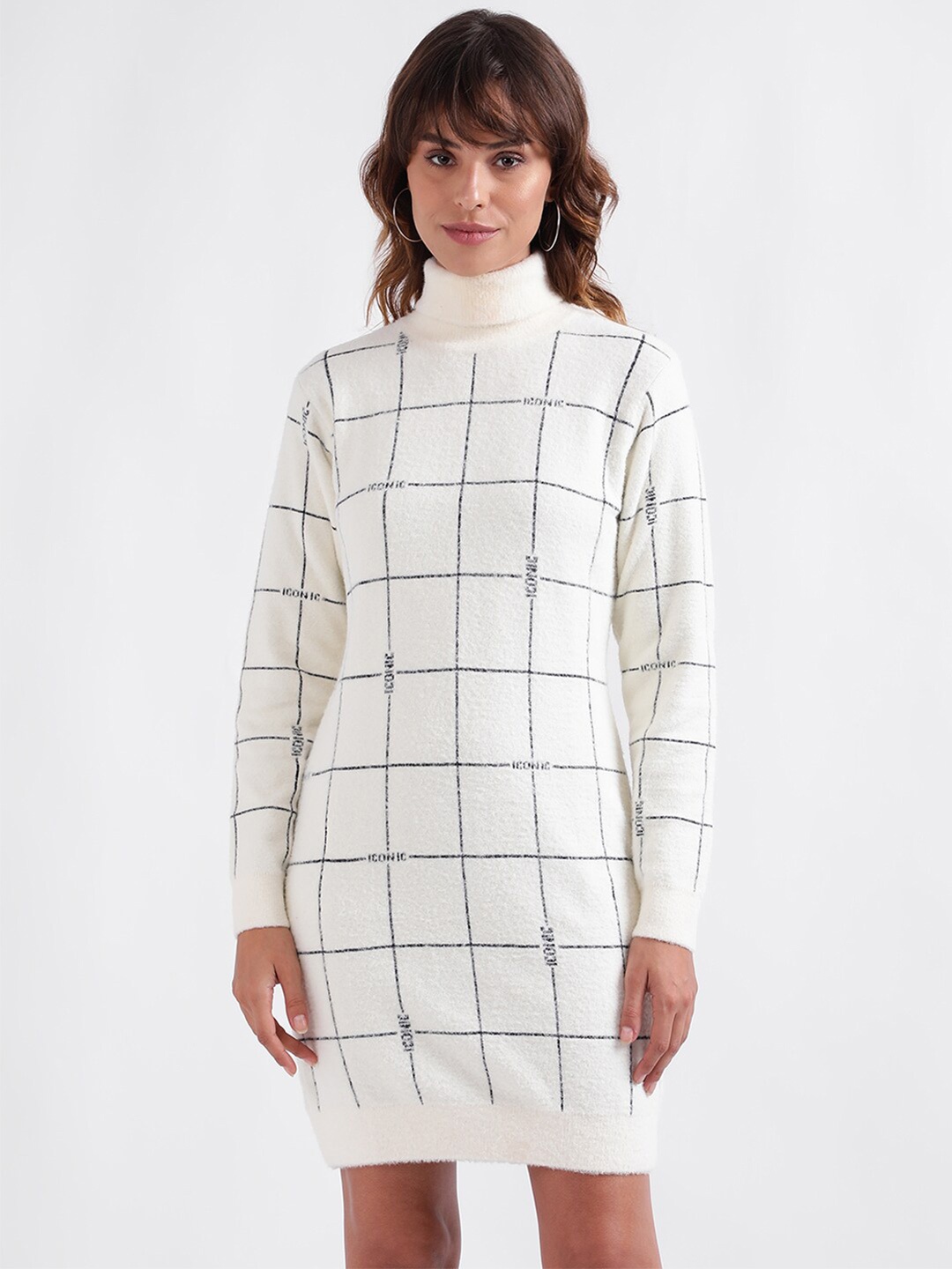 

Iconic Checked High Neck Bodycon Dress, White