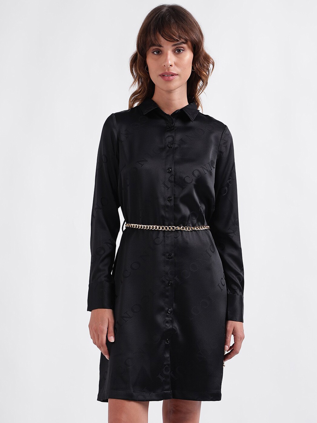 

Iconic Typography Printed Cuffed Sleeves Jacquard Shirt Style Dress, Black