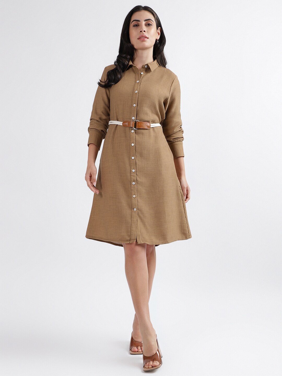 

Iconic Cuffed Sleeves Shirt Style Dress, Brown