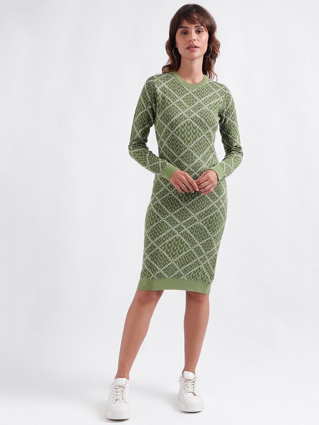 

Iconic Geometric Self Design Pure Cotton Bodycon Dress, Green
