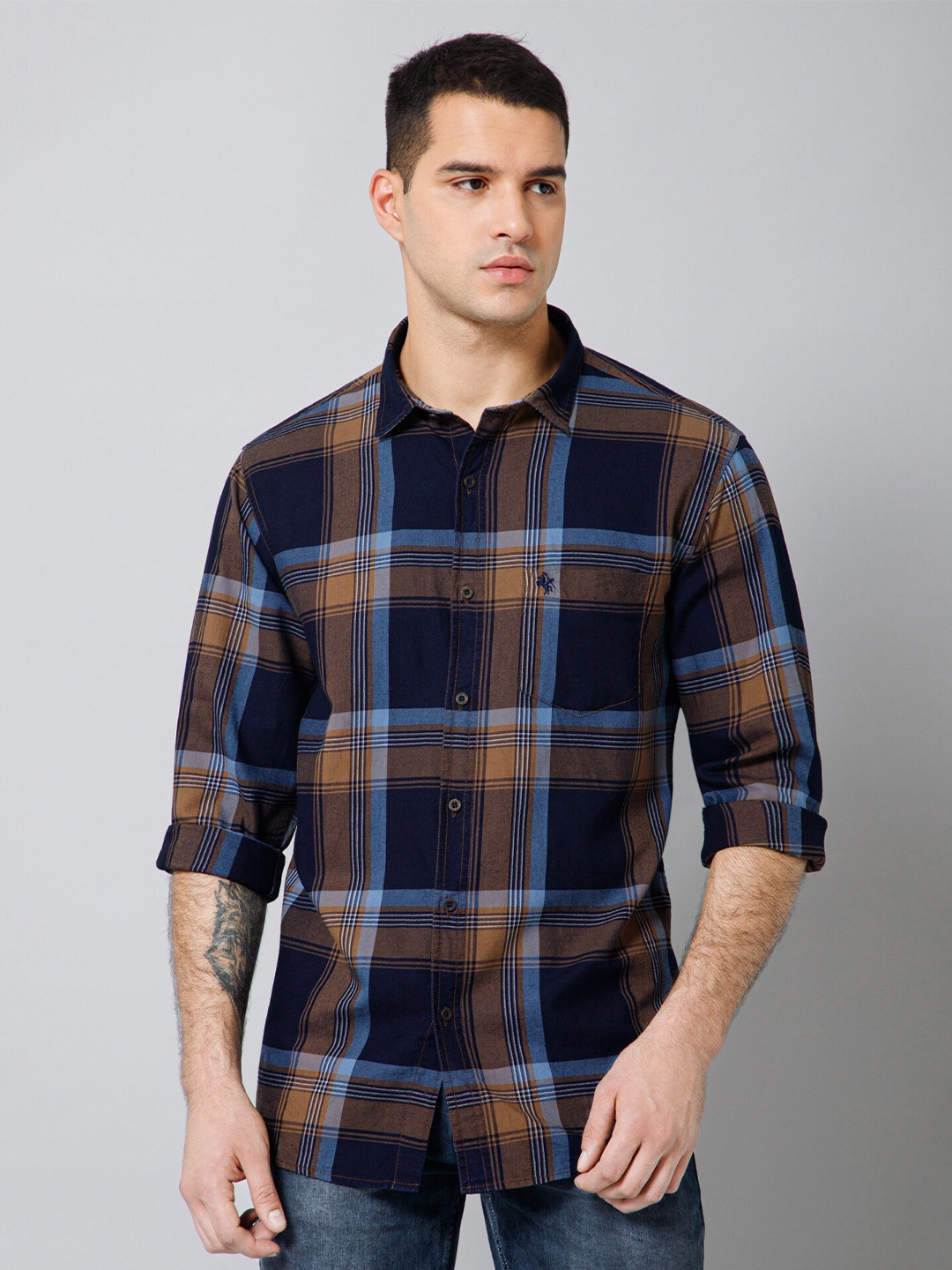 

Cantabil Comfort Tartan Checked Spread Collar Cotton Casual Shirt, Navy blue