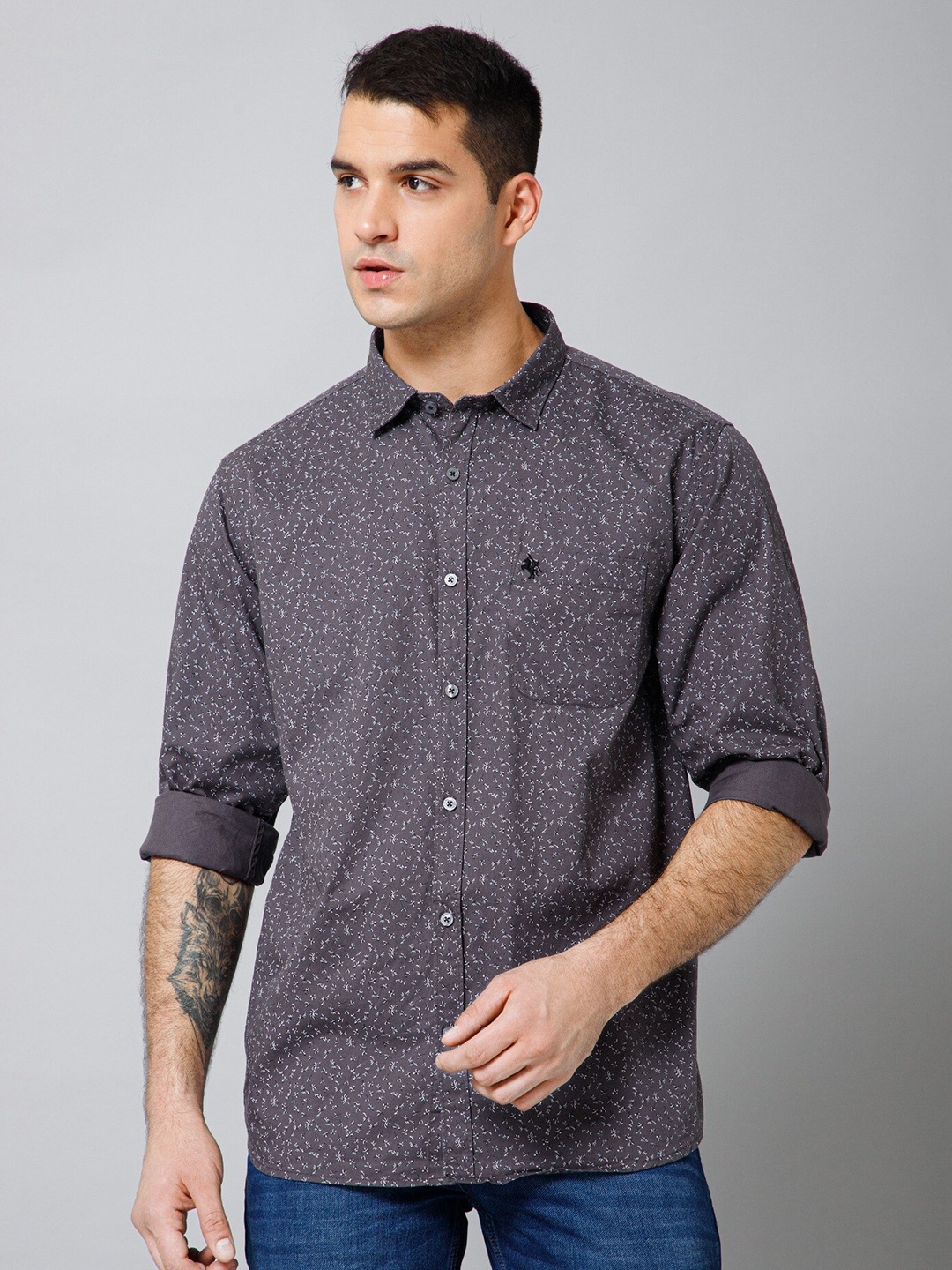 

Cantabil Comfort Floral Printed Spread Collar Cotton Casual Shirt, Grey