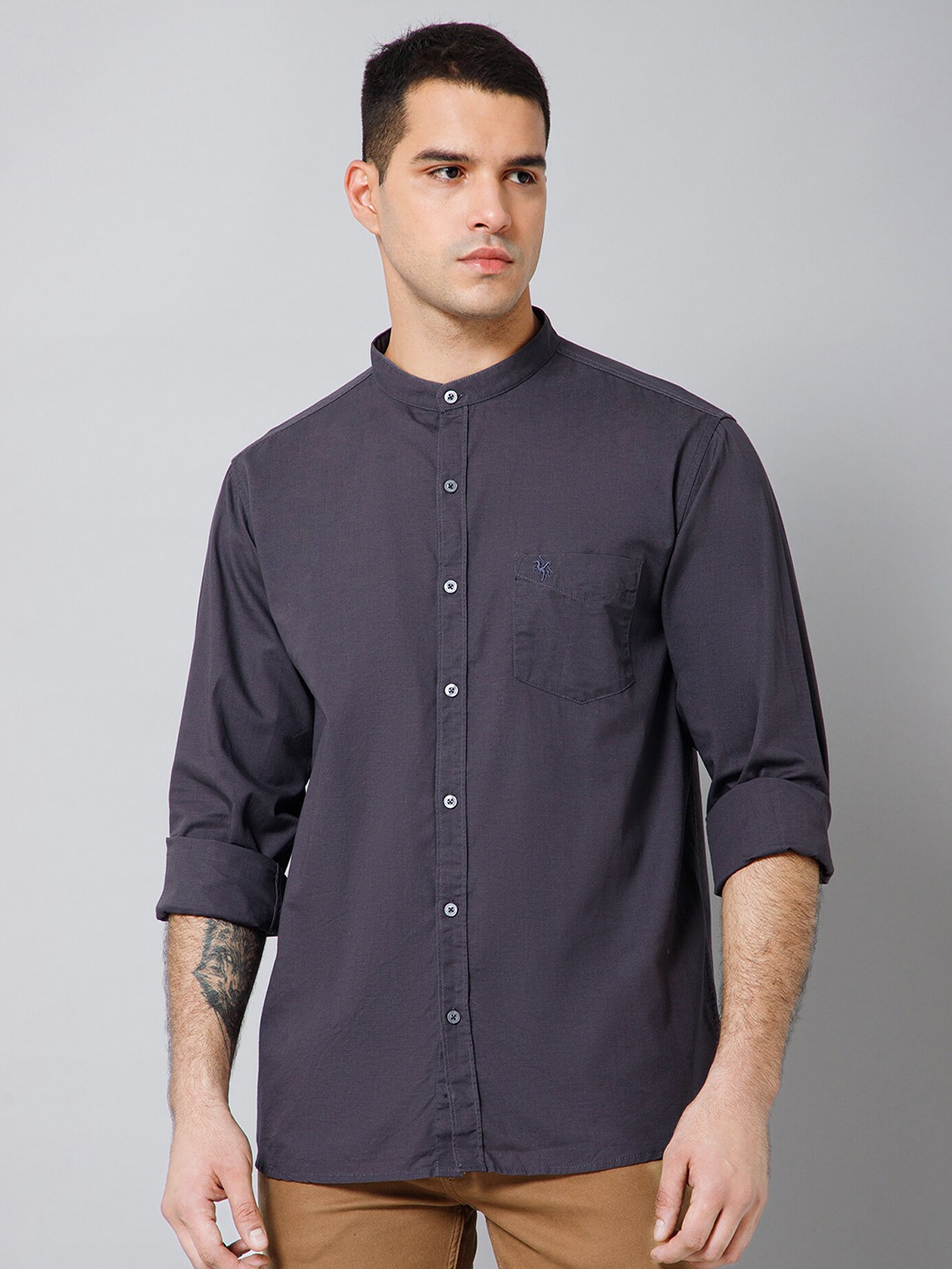 

Cantabil Comfort Band Collar Cotton Casual Shirt, Grey