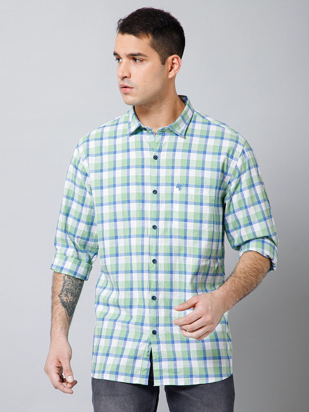 

Cantabil Comfort Gingham Checked Cotton Casual Shirt, Green