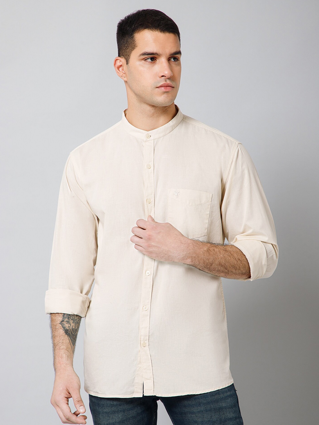 

Cantabil Comfort Mandarin Collar Cotton Shirt, Beige