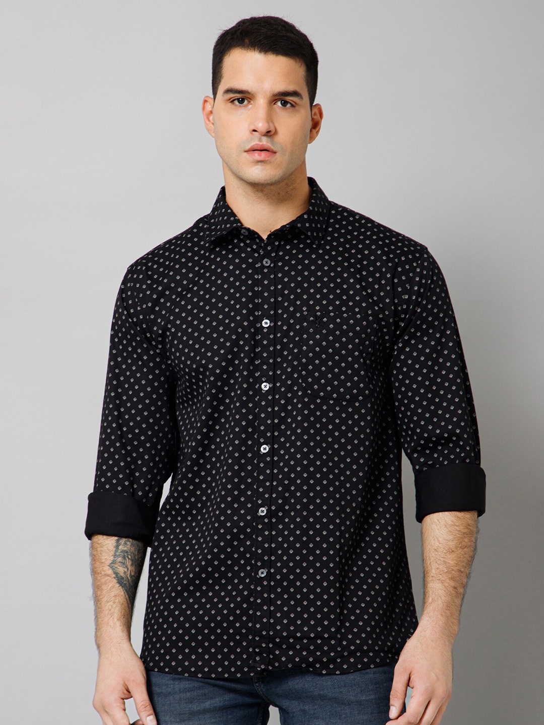 

Cantabil Micro Ditsy Printed Comfort Casual Shirt, Black