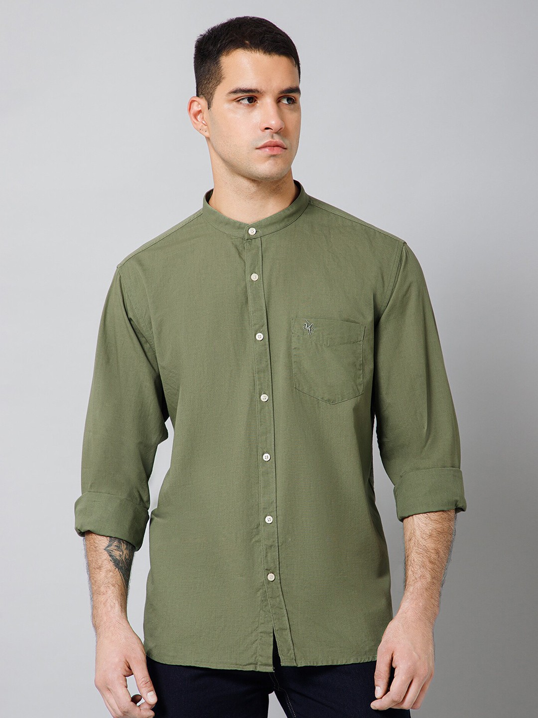 

Cantabil Comfort Band Collar Cotton Casual Shirt, Olive