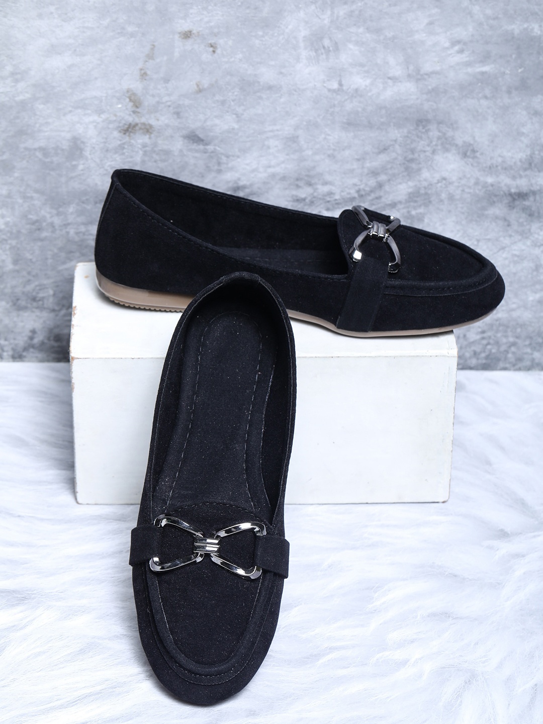 

Moonwalk Buckle Detail Round Toe Suede Ballerinas, Black