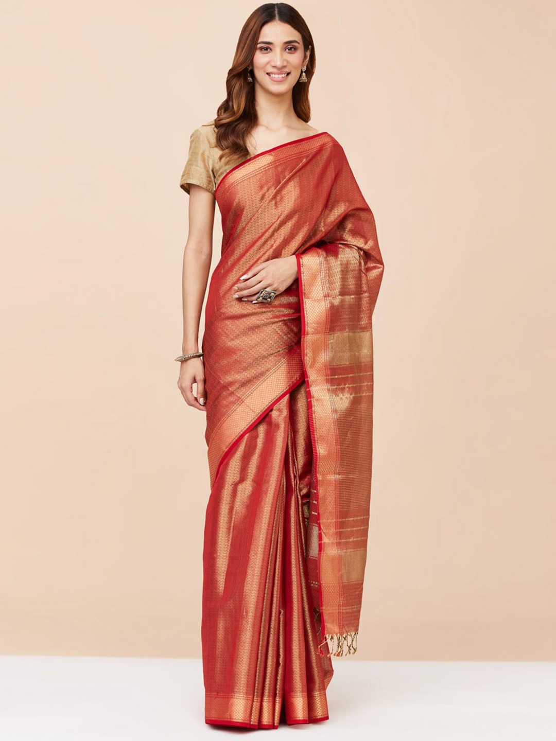 

Fabindia Ethnic Motif Woven Design Zari Cotton Silk Saree, Red