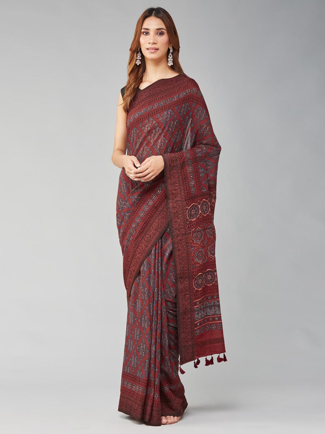 

Fabindia Ethnic Motifs Printed Pure Cotton Saree, Maroon