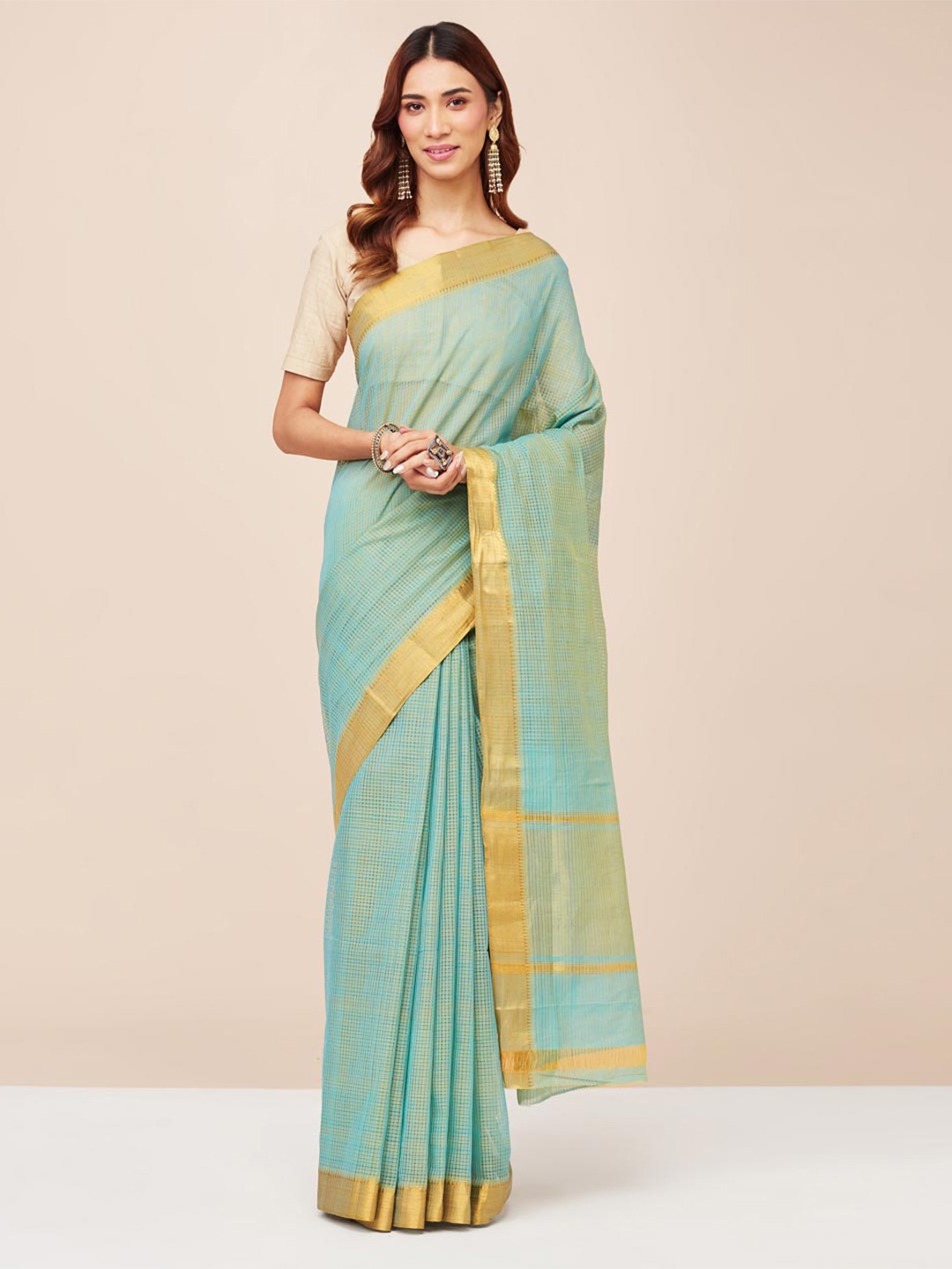 

Fabindia Checked Woven Design Zari Pure Cotton Saree, Blue