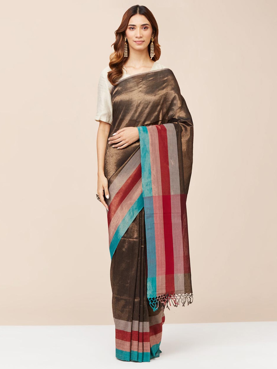 

Fabindia Colourblocked Pure Cotton Saree, Gold