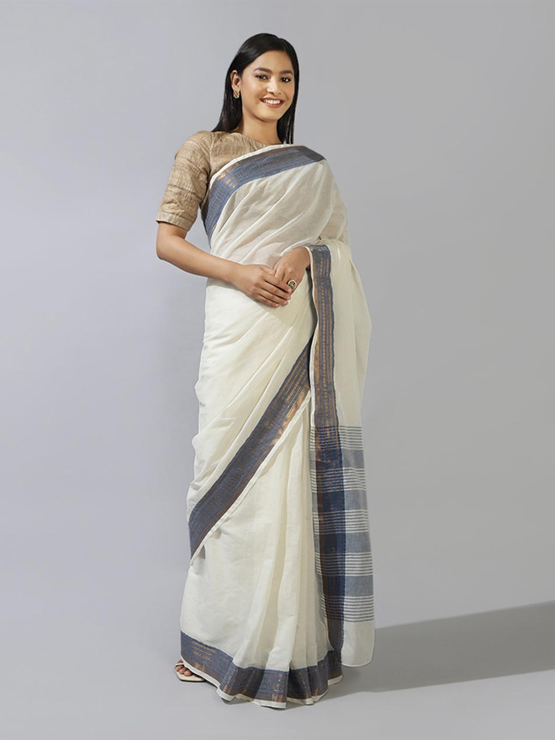 

Fabindia Zari Pure Cotton Saree, Off white