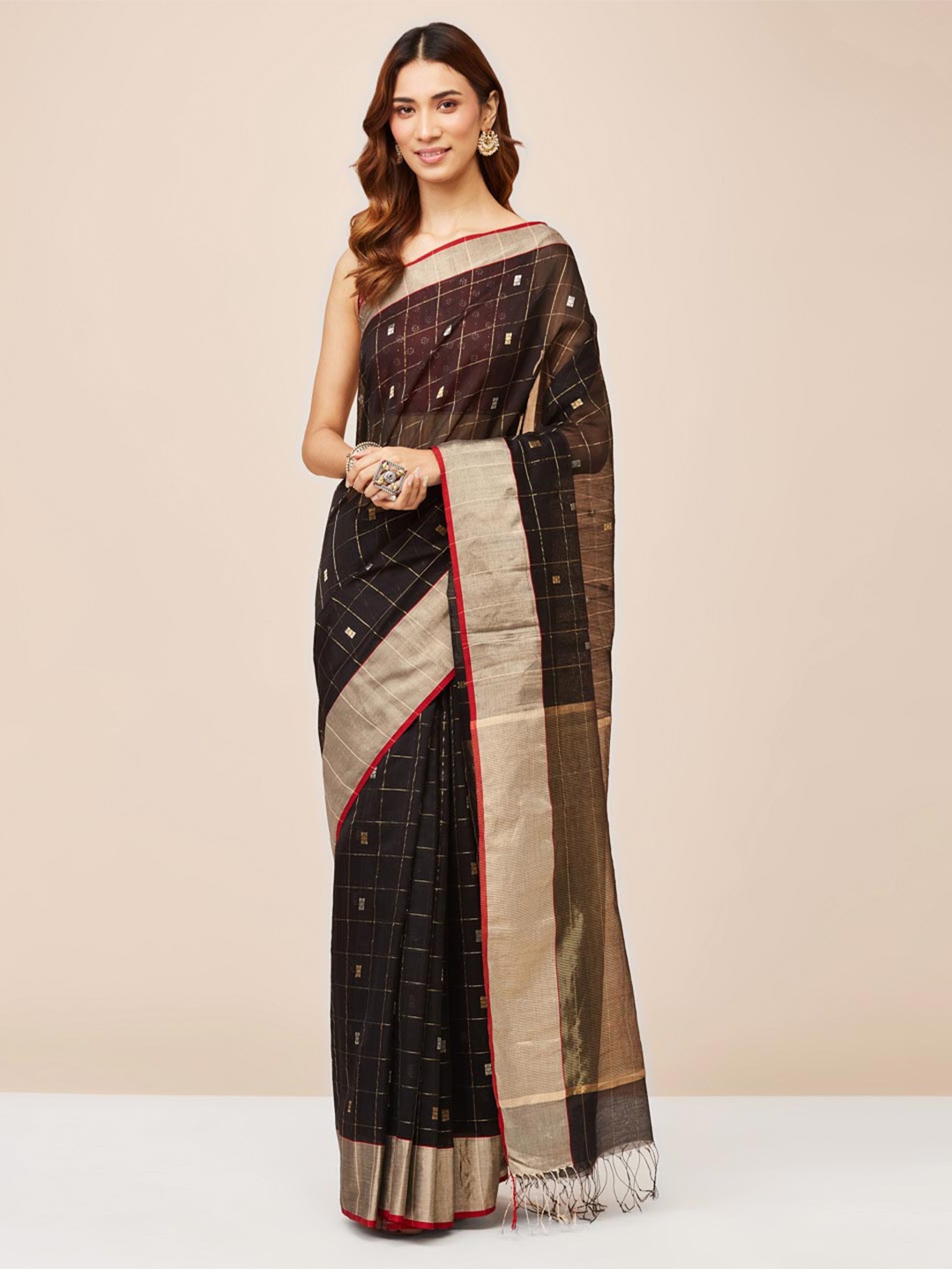 

Fabindia Geometric Woven Design Zari Saree, Black