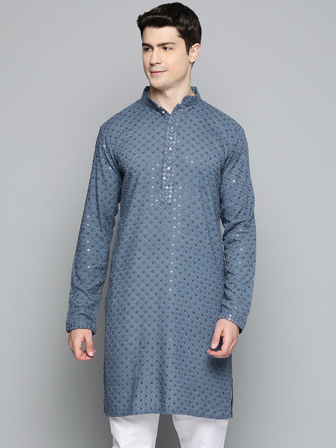 

Jompers Geometric Embroidered Chikankari Pure Cotton Straight Kurta, Grey