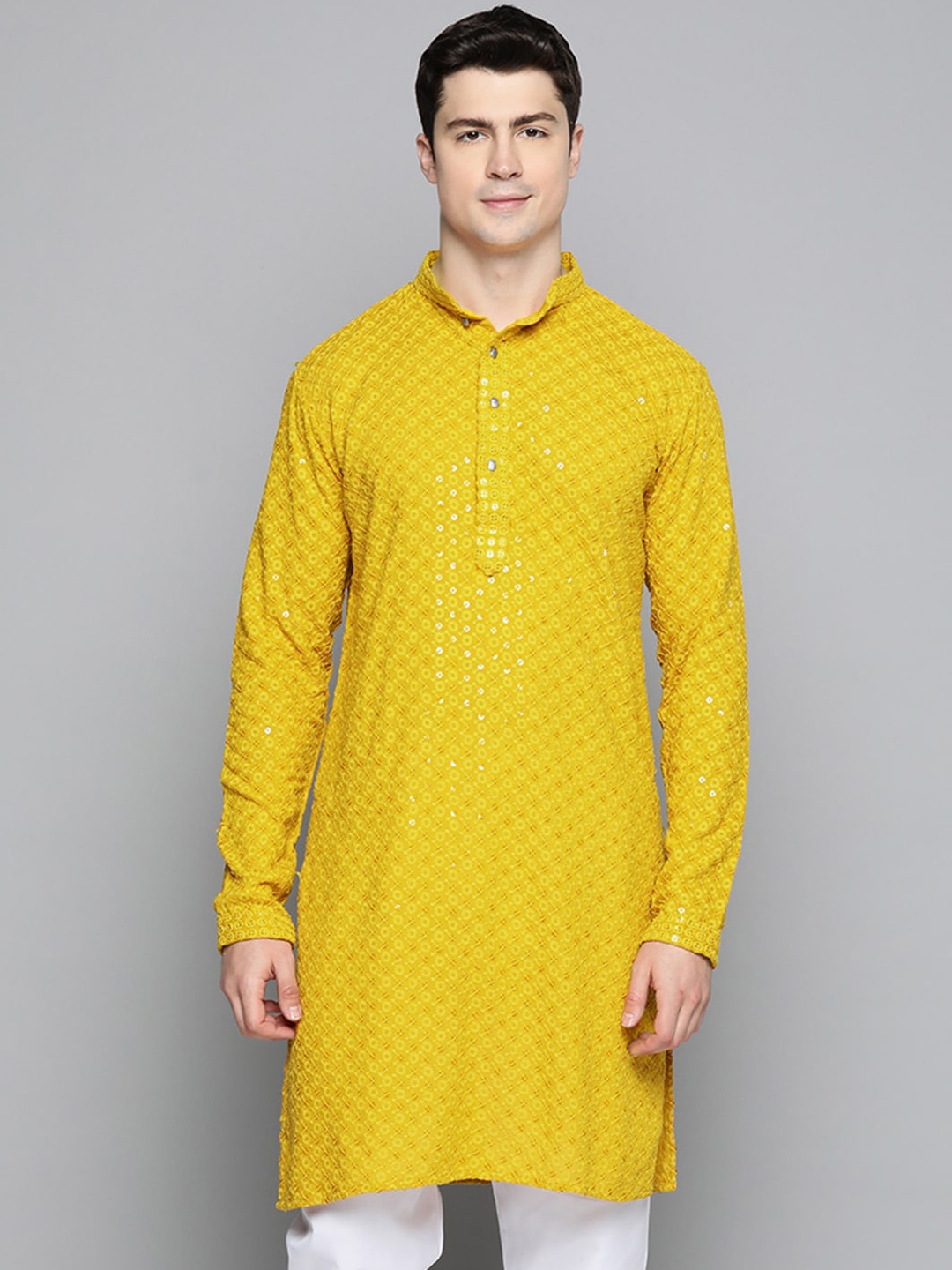 

Jompers Floral Embroidered Sequinned Chikankari Cotton Kurta, Yellow