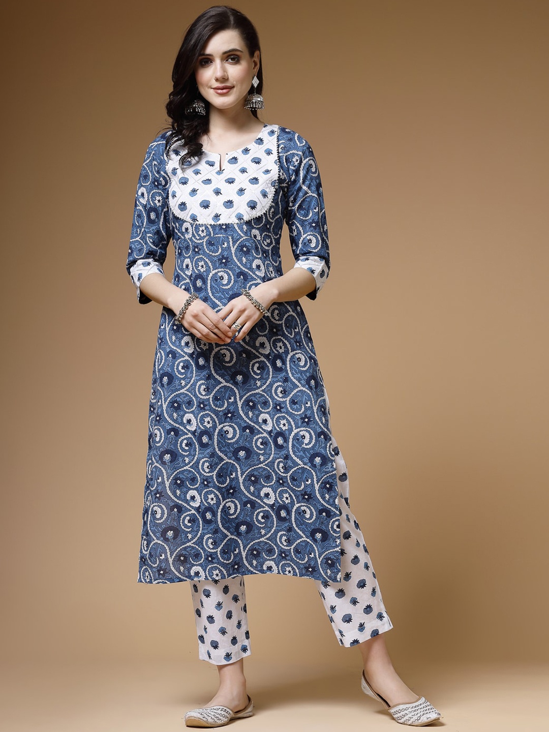 

Indibelle Ethnic Motifs Printed Gotta Patti Indigo Cotton Straight Kurta, Blue