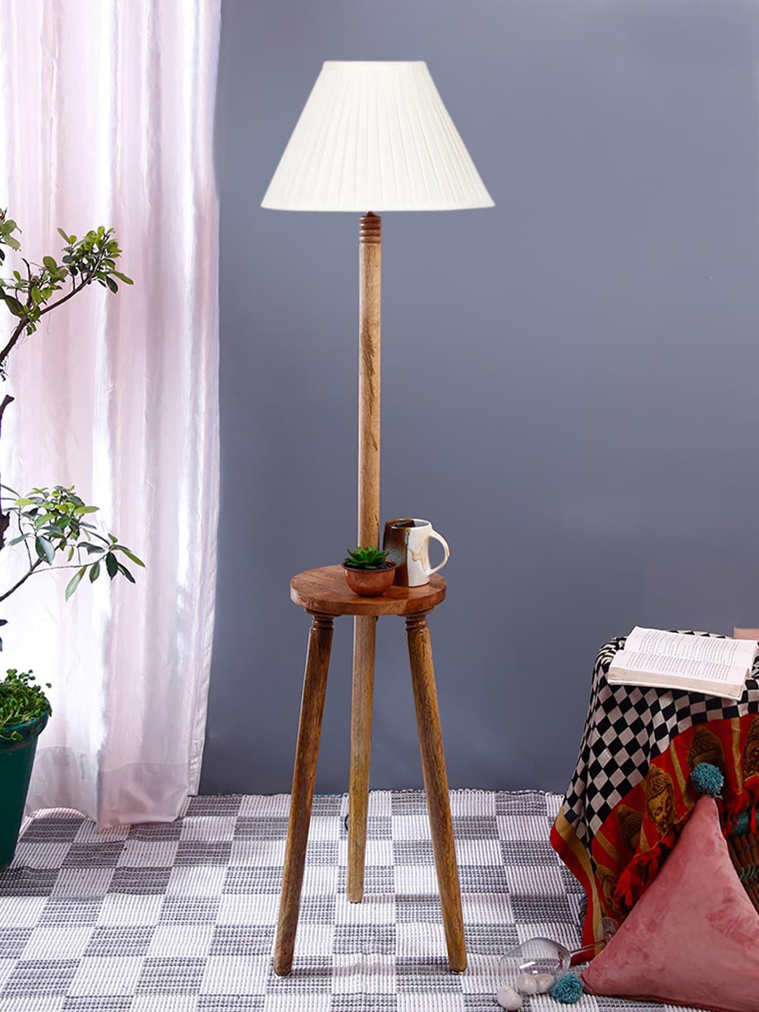 

Devansh White Cotton & Wooden Straight Pleated Floor Lamp