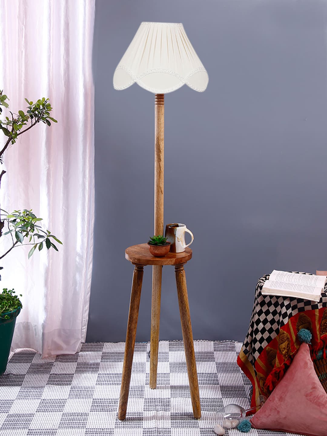 

Devansh White & Brown Vintage Cotton Shade With Wood Floor Lamp
