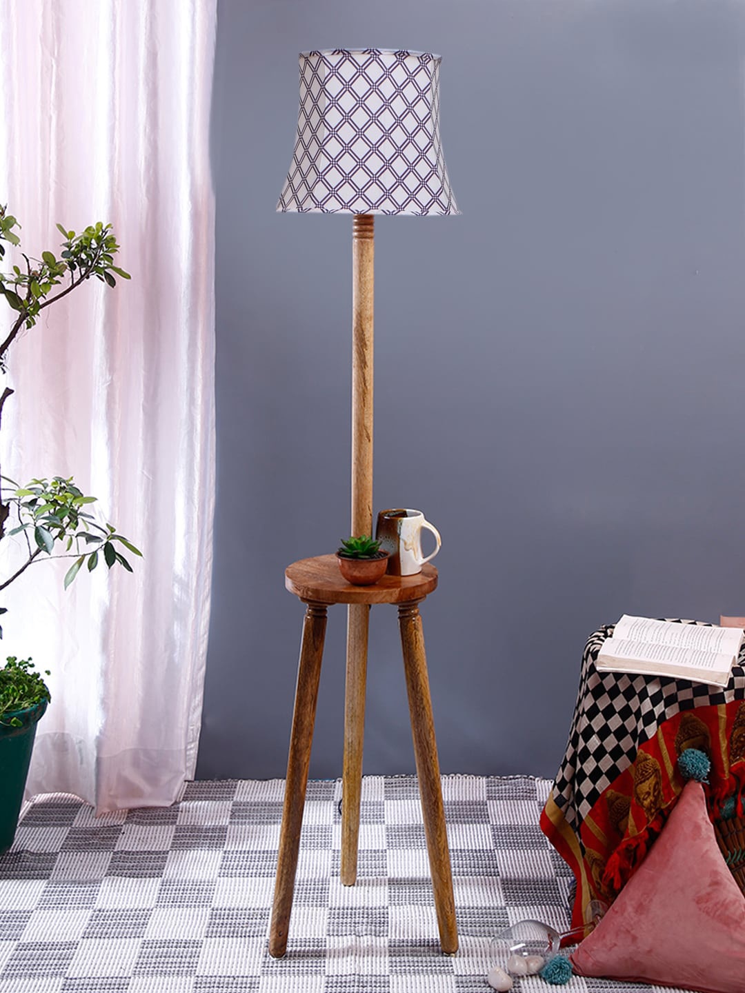 

Devansh White & Blue Checked Cotton & Wooden Floor Lamp