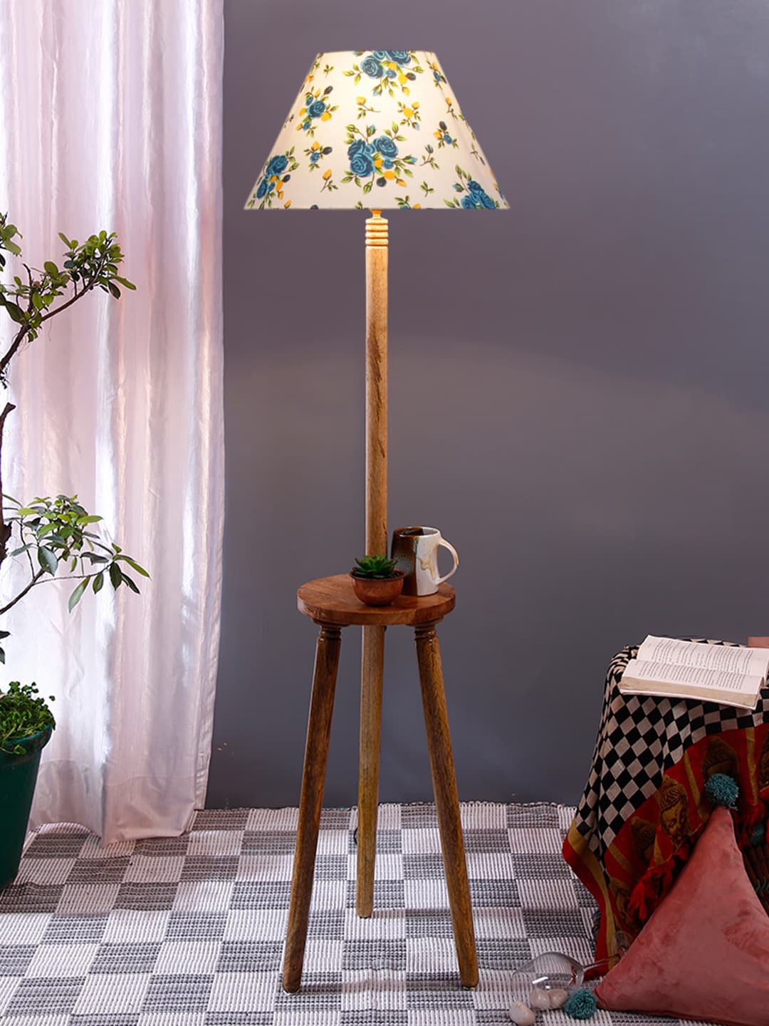 

Devansh White & Brown Floral Printed Cotton Conical Shade Wooden Floor Lamp