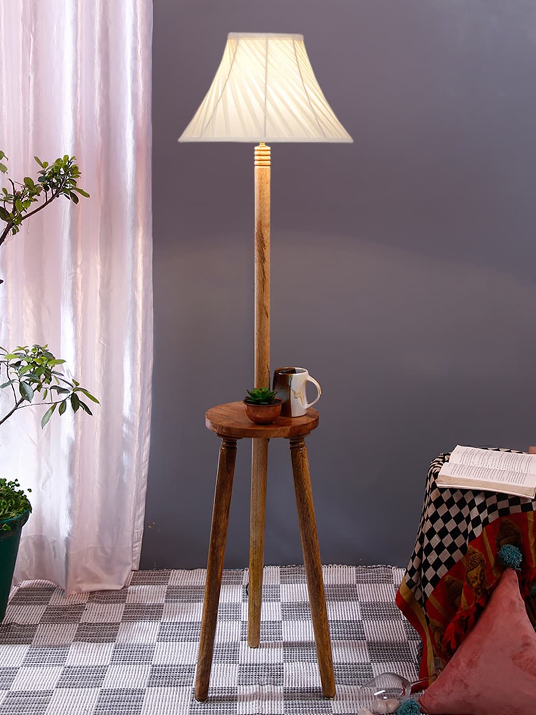 

Devansh White Cross Pleated Cotton Wooden Floor Lamp