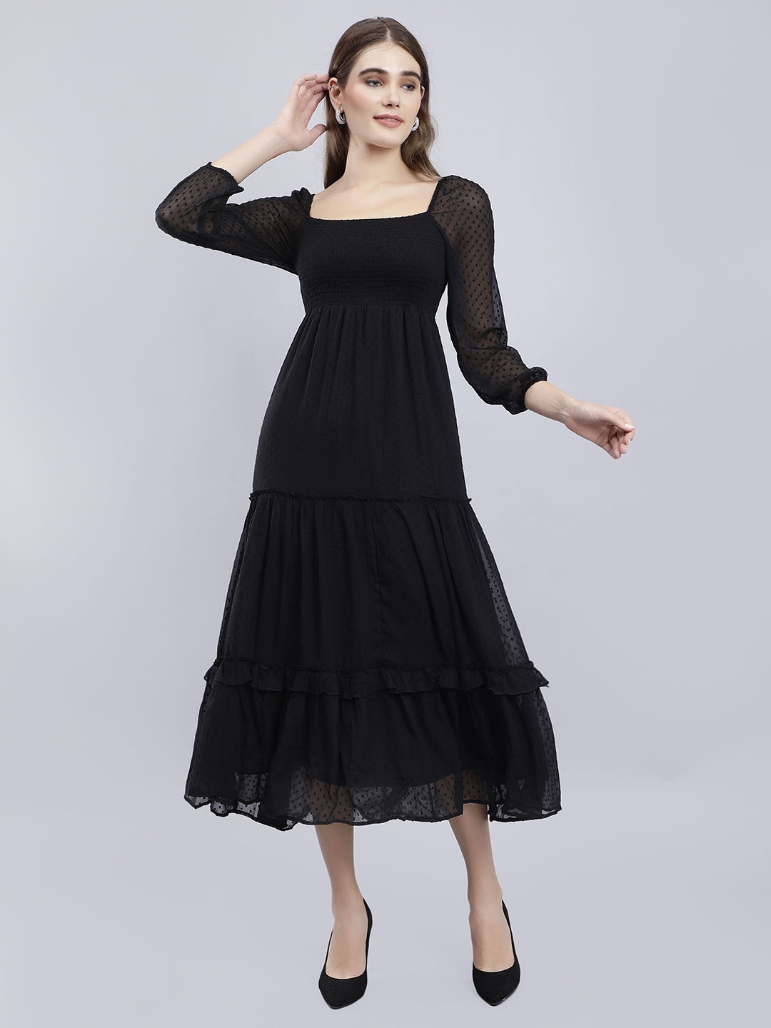 

ANVI Be Yourself Black Self Design Puff Sleeve Smocked Tiered Fit & Flare Dress