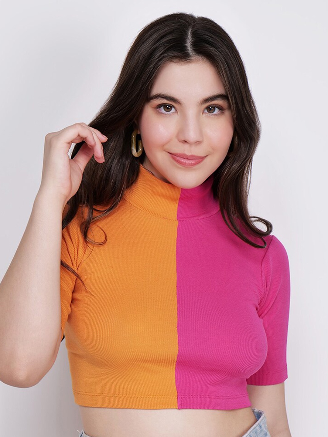 

CHARMGAL Colourblocked High Neck Crop Fitted Top, Orange