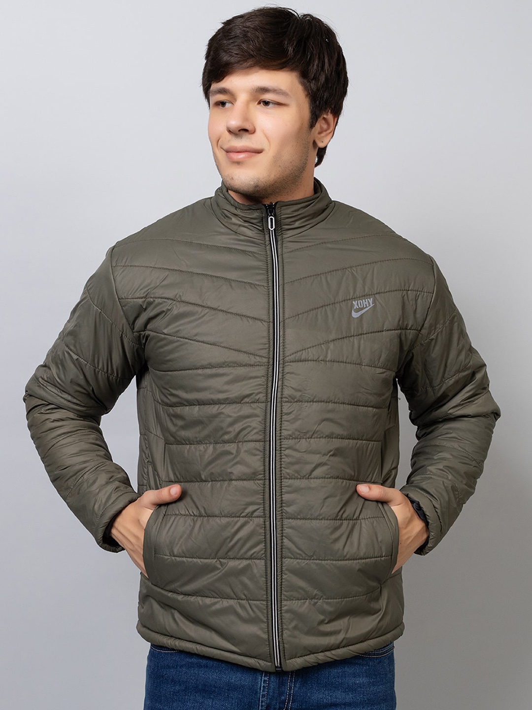 

Xohy Mock Collar Lightweight Puffer Jacket, Olive