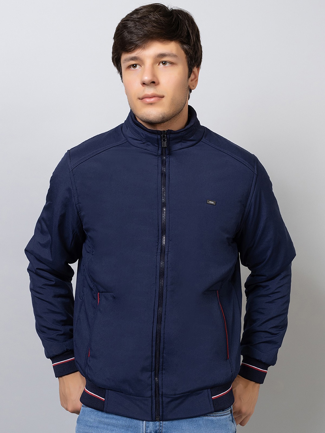 

Xohy Mock Collar Long Sleeves Lightweight Cotton Bomber Jacket, Navy blue