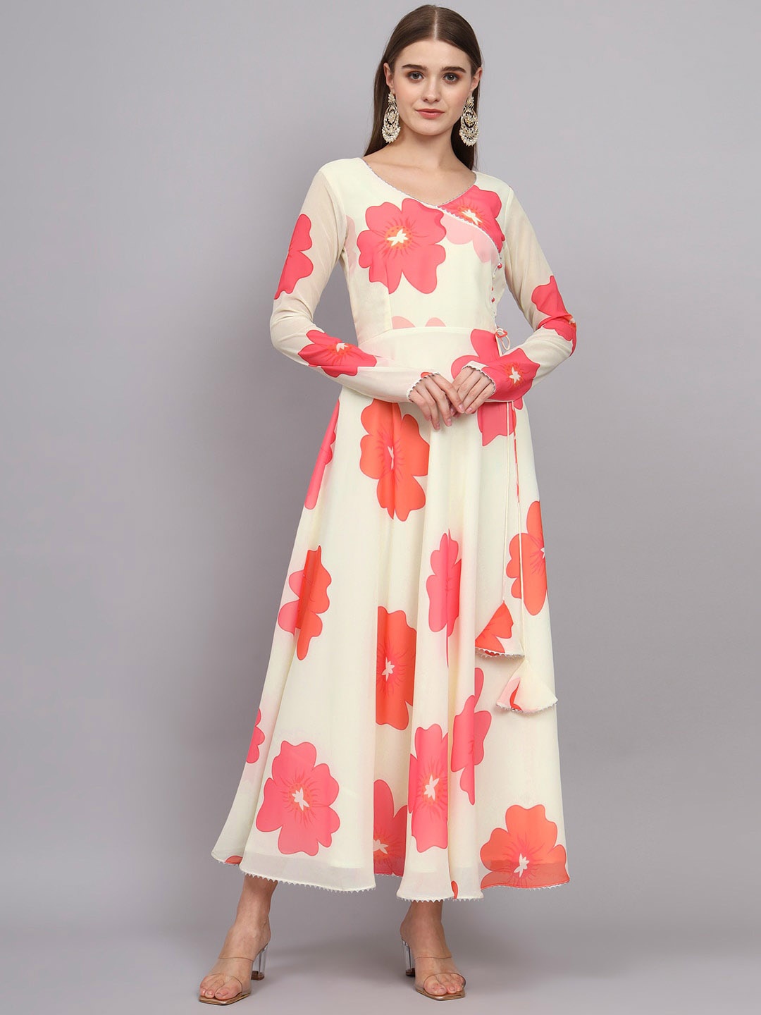 

BLACK SCISSOR Floral Printed Gotta Patti Georgette Maxi Gown, Off white